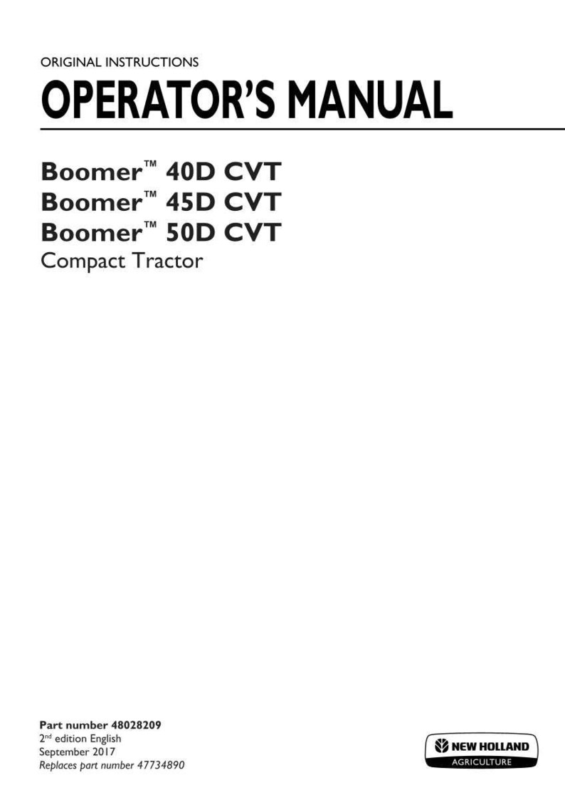 May include: An operator's manual for New Holland Agriculture Boomer 40D CVT, 45D CVT, and 50D CVT compact tractors. The white cover features black text, including the title, model numbers, part number 48028209, and the September 2017 date.