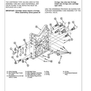 May include: An exploded diagram of a control valve assembly, with labels for various components like valve housing, plugs, and O-rings. Text includes instructions for disassembly and assembly, and warnings about valve repair.