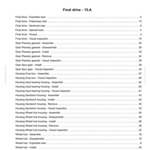 May include: An index page from a manual, titled "Index" and "TRAVELLING - D". The page lists various topics related to "Final drive" and "Wheel hub", with page numbers. The document includes a date and reference number.