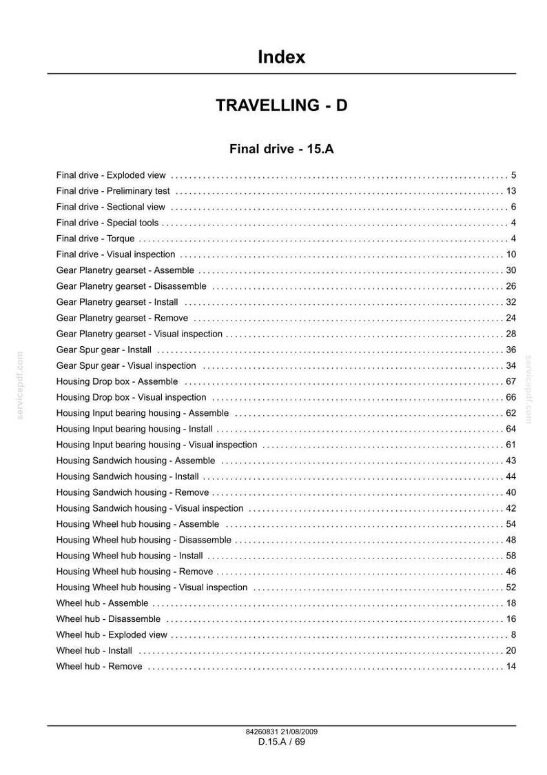 May include: An index page from a manual, titled "Index" and "TRAVELLING - D". The page lists various topics related to "Final drive" and "Wheel hub", with page numbers. The document includes a date and reference number.