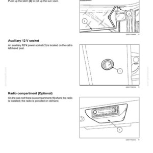 Puede incluir: Una p&aacute;gina de manual t&eacute;cnico titulada 3 - CONTROLS AND INSTRUMENTS con tres dibujos lineales en blanco y negro. Los diagramas ilustran un parasol con una leng&uuml;eta, una toma de corriente auxiliar de 12 V y un compartimento de radio opcional.