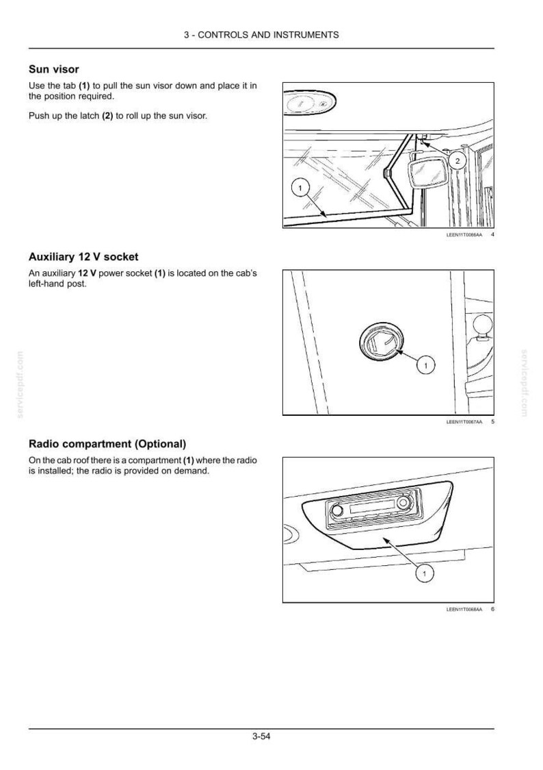 Puede incluir: Una p&aacute;gina de manual t&eacute;cnico titulada 3 - CONTROLS AND INSTRUMENTS con tres dibujos lineales en blanco y negro. Los diagramas ilustran un parasol con una leng&uuml;eta, una toma de corriente auxiliar de 12 V y un compartimento de radio opcional.