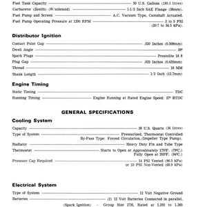 May include: A detailed technical specification sheet with black text on a white background. It lists specifications for a fuel system, distributor ignition, engine timing, cooling system, and electrical system. Measurements are in inches, PSI, and US gallons.