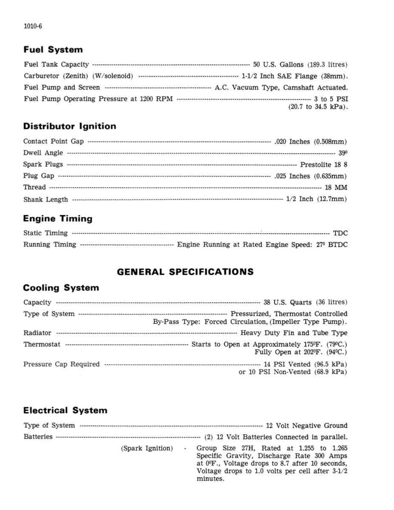 May include: A detailed technical specification sheet with black text on a white background. It lists specifications for a fuel system, distributor ignition, engine timing, cooling system, and electrical system. Measurements are in inches, PSI, and US gallons.