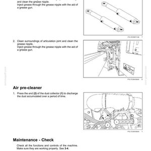 May include: Diagrams from a maintenance manual showing procedures for servicing machinery. Includes illustrations of steering cylinders, grease points, and an air pre-cleaner, with numbered labels for reference.
