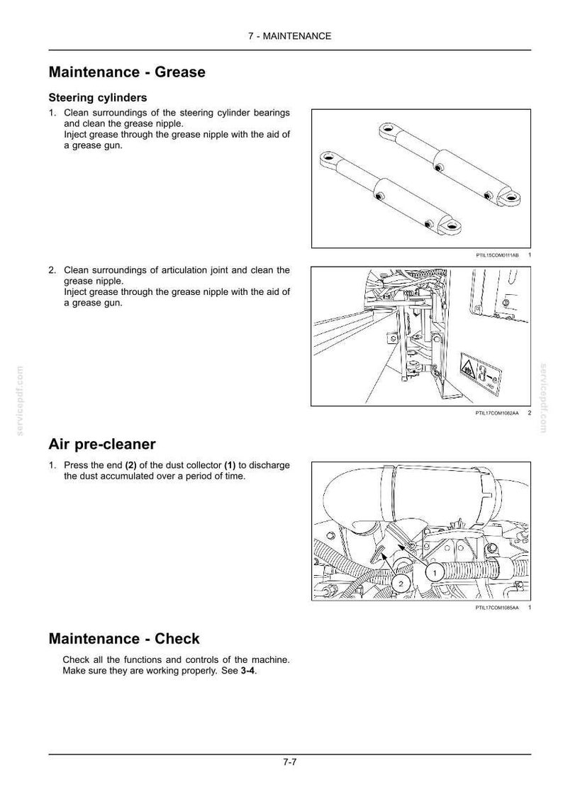 May include: Diagrams from a maintenance manual showing procedures for servicing machinery. Includes illustrations of steering cylinders, grease points, and an air pre-cleaner, with numbered labels for reference.