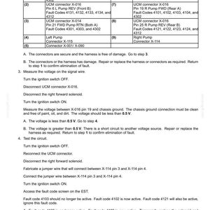 May include: Diagram of electrical system fault codes, including connector and pin details. Text explains troubleshooting steps, voltage checks, and fault code analysis. Includes a schematic legend and connector information.