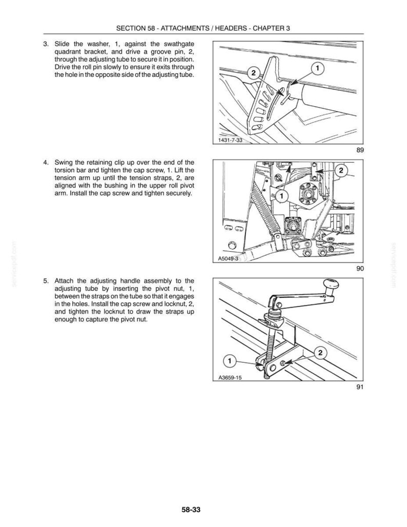 May include: A technical manual page titled SECTION 58 - ATTACHMENTS / HEADERS - CHAPTER 3, featuring three black and white line drawings labeled 89, 90, and 91. The diagrams illustrate mechanical assembly steps with numbered components and instructional text.