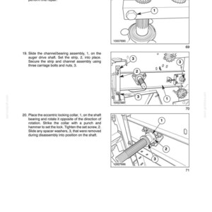 May include: A technical manual page titled SECTION 58 - ATTACHMENT/HEADERS - CHAPTER 2, featuring three black and white line drawings labeled 69, 70, and 71. These diagrams illustrate mechanical assembly steps with numbered components and instructional text.