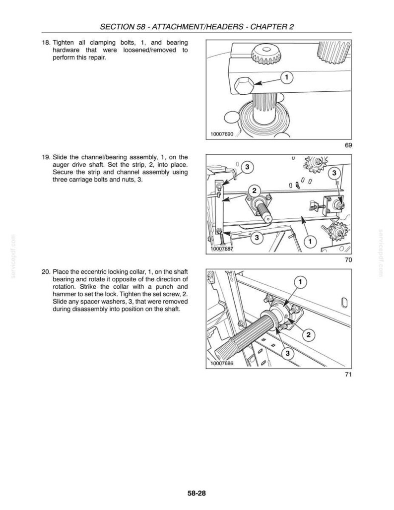 May include: A technical manual page titled SECTION 58 - ATTACHMENT/HEADERS - CHAPTER 2, featuring three black and white line drawings labeled 69, 70, and 71. These diagrams illustrate mechanical assembly steps with numbered components and instructional text.