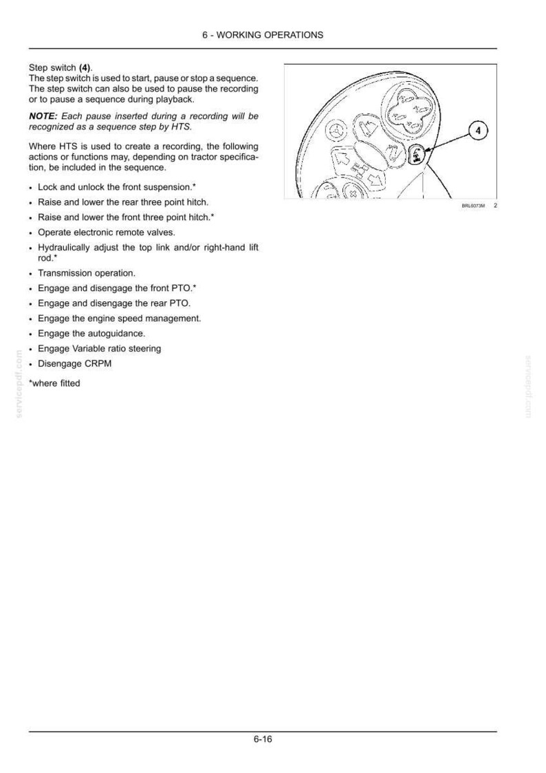 May include: A technical manual page titled 6 - WORKING OPERATIONS featuring a line drawing of a control panel with a step switch labeled 4. The text explains the function of the step switch for starting, pausing, or stopping a sequence.