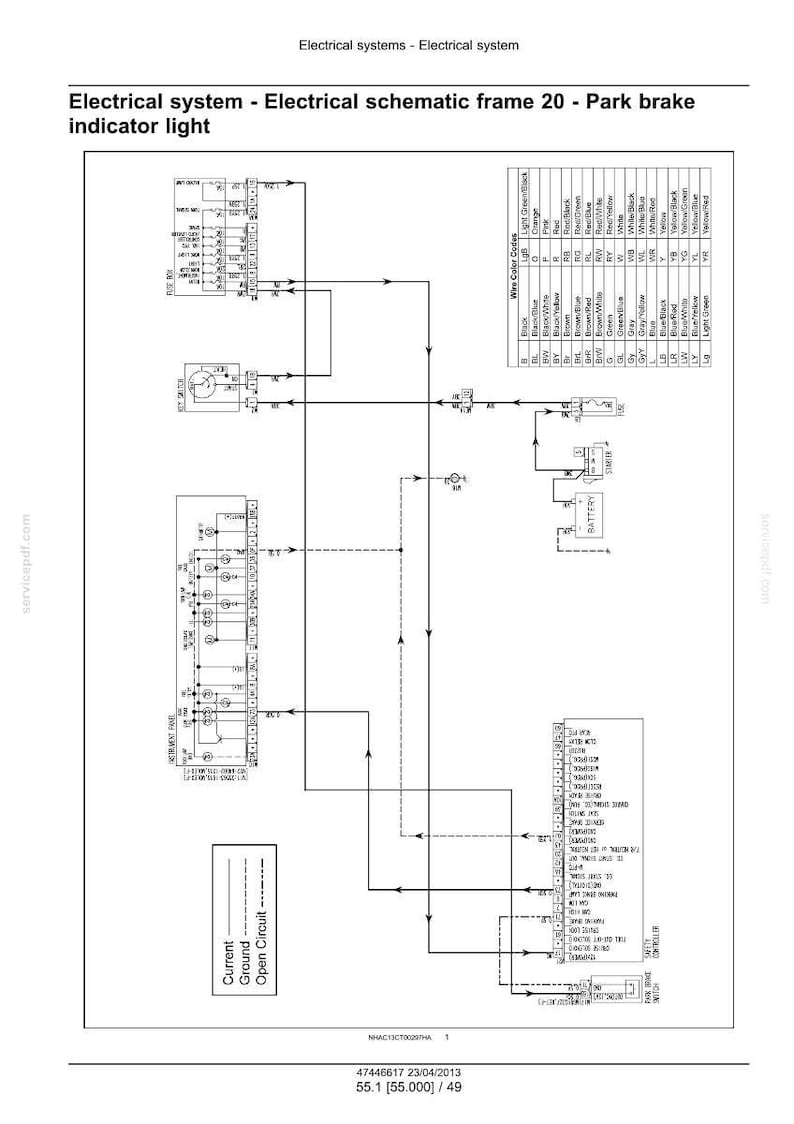 May include: Diagram of an electrical system schematic frame 20 for a park brake indicator light. The diagram includes wire color codes and various electrical components, with text labels and lines.