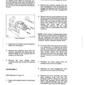 May include: A page from a manual detailing the disassembly of a starter motor. The text includes instructions and diagrams for removing components like the solenoid, armature, and brushes. The image is in black and white.
