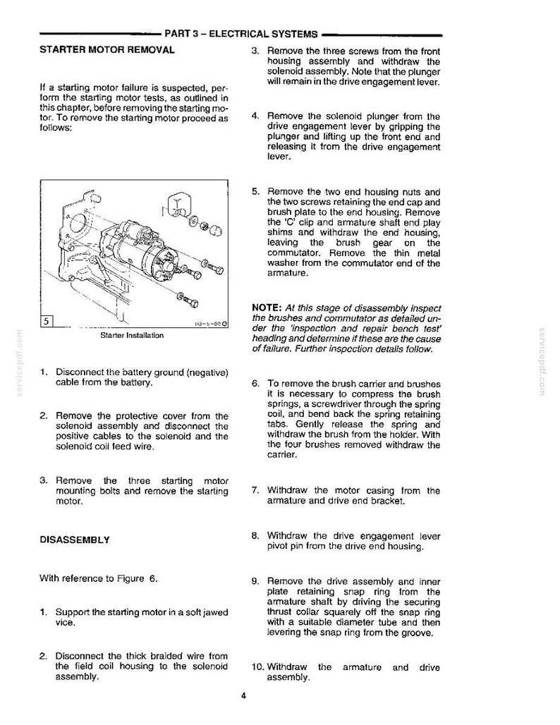 May include: A page from a manual detailing the disassembly of a starter motor. The text includes instructions and diagrams for removing components like the solenoid, armature, and brushes. The image is in black and white.