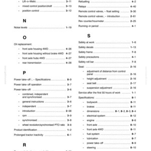 Pu&ograve; includere: Una pagina in bianco e nero dell'indice di un manuale tecnico, con intestazioni alfabetiche dalla N alla S. Il testo elenca vari argomenti di manutenzione del trattore, tra cui sostituzione dell'olio, presa di forza, sicurezza e regolazioni del sedile.