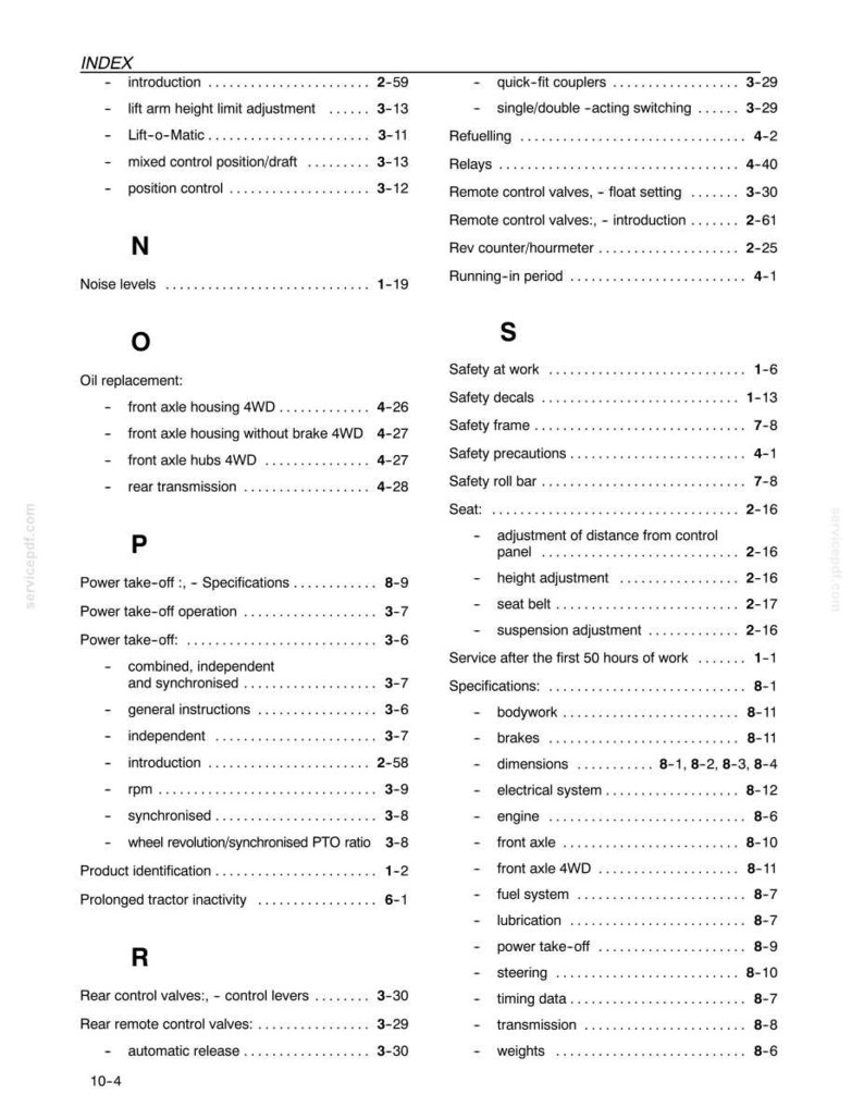 Pu&ograve; includere: Una pagina in bianco e nero dell'indice di un manuale tecnico, con intestazioni alfabetiche dalla N alla S. Il testo elenca vari argomenti di manutenzione del trattore, tra cui sostituzione dell'olio, presa di forza, sicurezza e regolazioni del sedile.