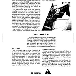 May include: A technical manual page titled QUICK SWITCH ATTACHMENT MOUNTING SYSTEM and FIELD OPERATION. It includes a black and white diagram labeled FIGURE 11 showing a spring, handle, wedge, and attachment hooks on a loader mechanism.