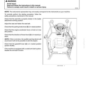 Pu&ograve; includere: Diagramma delle istruzioni operative di una macchina, inclusi i passaggi per avviare il motore. Il diagramma mostra il sedile, la leva del freno di stazionamento, la leva di direzione e la leva del cambio. Testo con avvertenze di sicurezza.