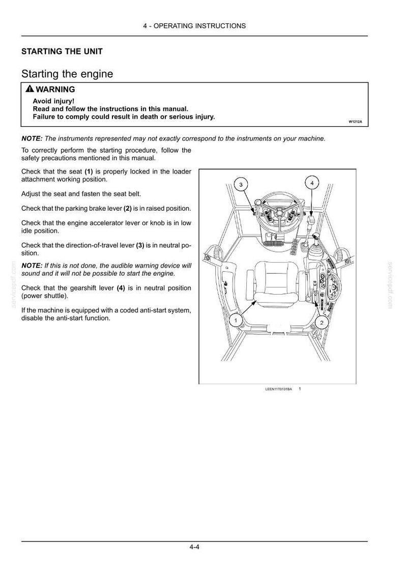 Pu&ograve; includere: Diagramma delle istruzioni operative di una macchina, inclusi i passaggi per avviare il motore. Il diagramma mostra il sedile, la leva del freno di stazionamento, la leva di direzione e la leva del cambio. Testo con avvertenze di sicurezza.