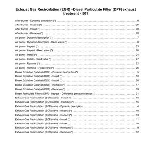May include: Index page from a manual, titled "Engine - 10". The page lists various engine components and their functions, including exhaust gas recirculation and diesel particulate filter treatment. The text is black on a white background.