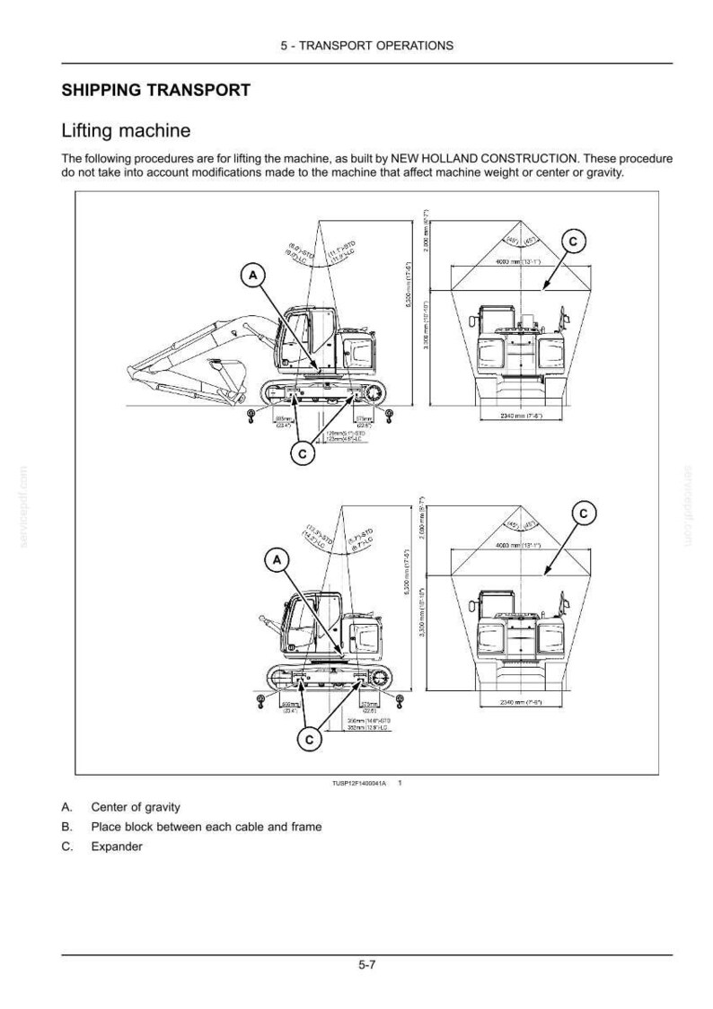 Pode incluir: Um diagrama t&eacute;cnico intitulado 5 - TRANSPORT OPERATIONS SHIPPING TRANSPORT Lifting machine, mostrando duas vistas laterais e frontais de uma escavadora New Holland Construction com pontos A e C, incluindo medidas m&eacute;tricas e imperiais.