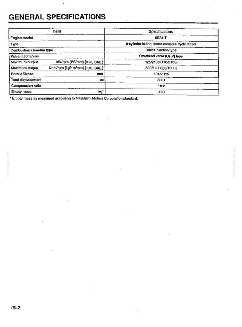 May include: A technical specification table for the 6D34-T engine model. The document lists details including a 6-cylinder in-line water-cooled 4-cycle diesel type, direct injection, overhead valve mechanism, 125 kW output, 590 N-m torque, and 5861 cc displacement.
