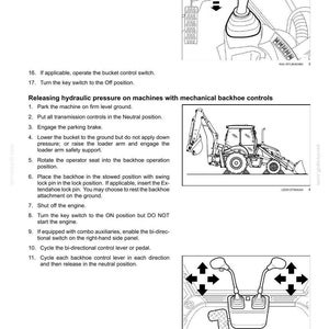Puede incluir: Una p&aacute;gina de manual t&eacute;cnico titulada 7-MAINTENANCE que contiene instrucciones para liberar la presi&oacute;n hidr&aacute;ulica en una retroexcavadora. Incluye dibujos lineales de un joystick de cargadora, una retroexcavadora y dos palancas de control.