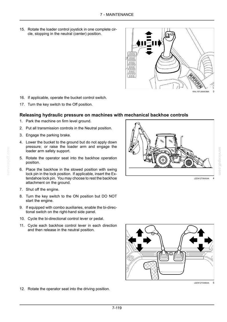 Puede incluir: Una p&aacute;gina de manual t&eacute;cnico titulada 7-MAINTENANCE que contiene instrucciones para liberar la presi&oacute;n hidr&aacute;ulica en una retroexcavadora. Incluye dibujos lineales de un joystick de cargadora, una retroexcavadora y dos palancas de control.