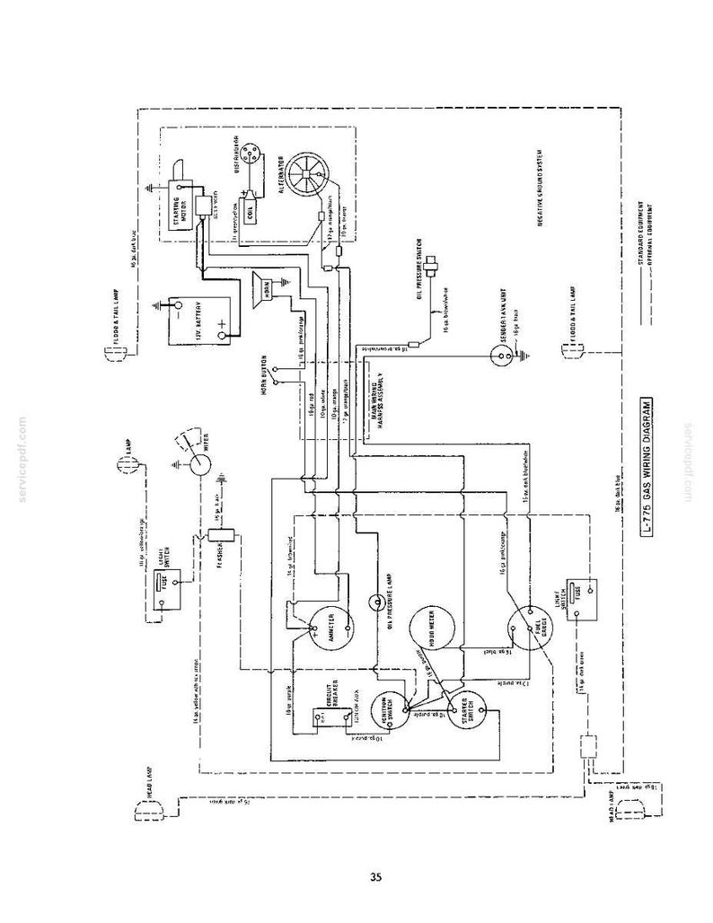 May include: A technical wiring diagram labeled L-775 GAS WIRING DIAGRAM, featuring black lines on a white background. It illustrates electrical connections for components including a 12V battery, starter motor, alternator, horn, and various gauges.