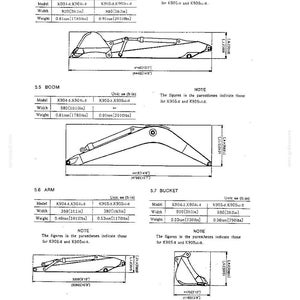 May include: A technical document page displaying diagrams and specification tables for excavator components including the arm and bucket, boom, arm, and bucket. The tables list models K904 and K905 with dimensions in millimeters and inches, and weights in tons and lbs.