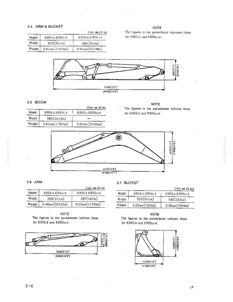 May include: A technical document page displaying diagrams and specification tables for excavator components including the arm and bucket, boom, arm, and bucket. The tables list models K904 and K905 with dimensions in millimeters and inches, and weights in tons and lbs.