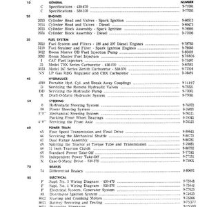 May include: Table of contents for 430, 530, 470, and 570 tractors. The document lists sections for general specifications, engines, fuel systems, hydraulics, steering, power train, brakes, and electrical systems. Printed in the USA.
