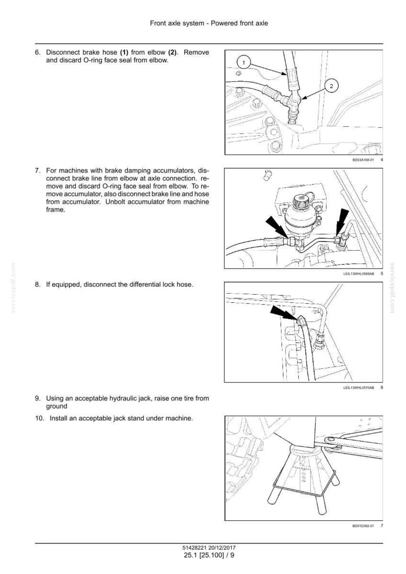 May include: Diagram of a front axle system with numbered components and instructions. Includes illustrations of brake hoses, accumulators, and a jack stand. Text includes instructions for disconnecting and removing parts.