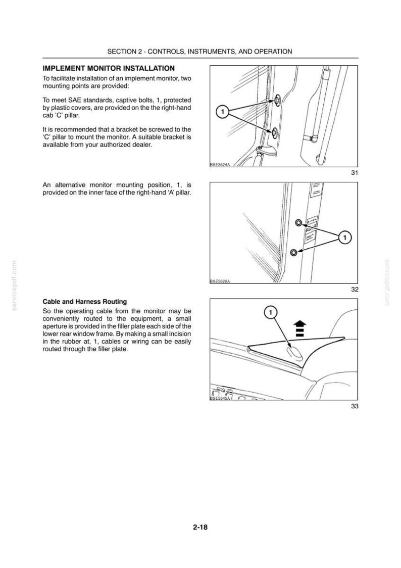 Peut inclure: Une page de manuel technique intitul&eacute;e SECTION 2 - CONTROLS, INSTRUMENTS, AND OPERATION, d&eacute;taillant l'installation d'un moniteur d'outil. Elle comprend trois sch&eacute;mas num&eacute;rot&eacute;s 31, 32 et 33, montrant les points de montage et le passage des c&acirc;bles.