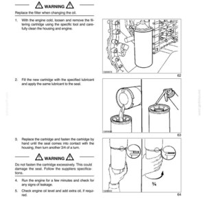 May include: A technical manual page titled SECTION 4 - SERVICING INTERVALS/LUBRICATION/FLUIDS, detailing oil filter replacement. It includes numbered instructions, warning symbols, and three black-and-white line drawings showing the filter removal, filling the new cartridge with lubricant, and tightening the filter by hand for a final 3/4 turn.