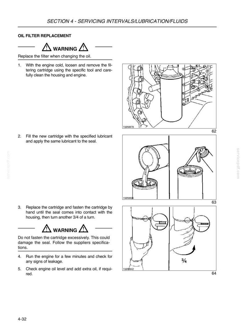 May include: A technical manual page titled SECTION 4 - SERVICING INTERVALS/LUBRICATION/FLUIDS, detailing oil filter replacement. It includes numbered instructions, warning symbols, and three black-and-white line drawings showing the filter removal, filling the new cartridge with lubricant, and tightening the filter by hand for a final 3/4 turn.