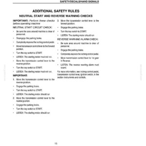 May include: A white page with black text detailing safety rules for a machine. The text includes instructions for neutral start, reverse warning checks, and reverse warning alarm checks. The document is titled "Additional Safety Rules."