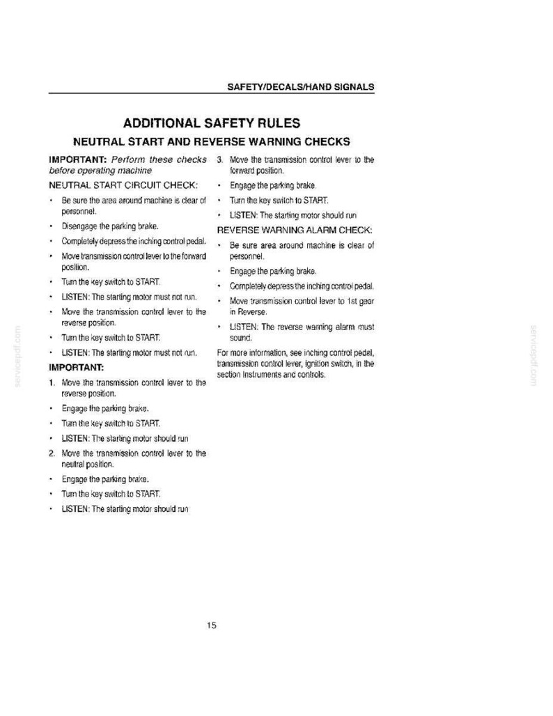 May include: A white page with black text detailing safety rules for a machine. The text includes instructions for neutral start, reverse warning checks, and reverse warning alarm checks. The document is titled "Additional Safety Rules."