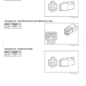 May include: Diagram of electrical connectors for automotive lighting systems. The image shows detailed illustrations of connectors labeled L5 and L6, including pin configurations and circuit information. The connectors are for central and top left-hand front work lights.
