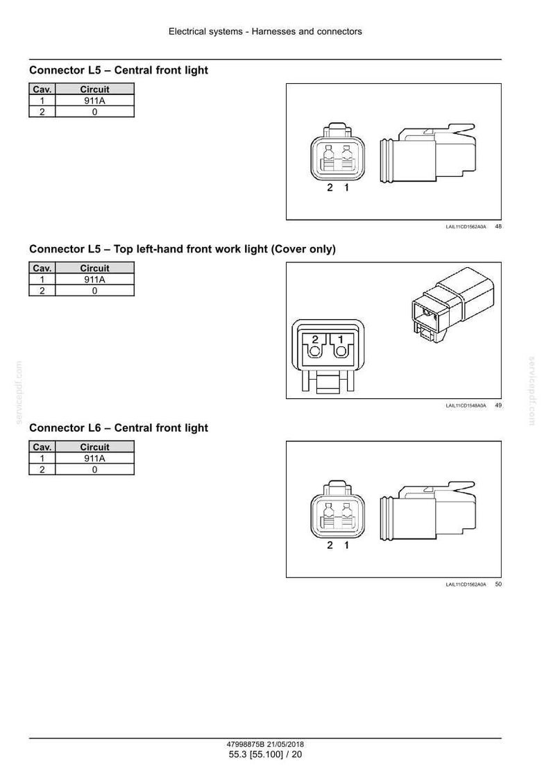 May include: Diagram of electrical connectors for automotive lighting systems. The image shows detailed illustrations of connectors labeled L5 and L6, including pin configurations and circuit information. The connectors are for central and top left-hand front work lights.