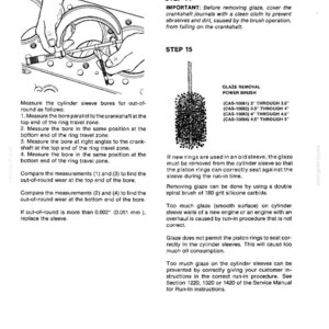 May include: Technical diagram from a service manual detailing sleeve glaze removal. The image includes instructions, diagrams, and specifications for engine maintenance, including measurements in inches and a power brush.