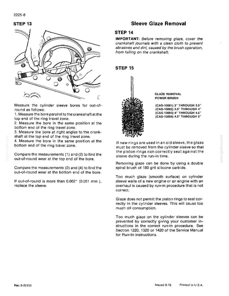 May include: Technical diagram from a service manual detailing sleeve glaze removal. The image includes instructions, diagrams, and specifications for engine maintenance, including measurements in inches and a power brush.