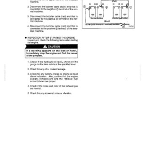 May include: A technical manual page titled OPERATION detailing the procedure for DISCONNECTING THE BOOSTER CABLE. It includes a diagram showing 12V battery connections, a caution box regarding the Monitor Panel, and a numbered list of inspection steps.