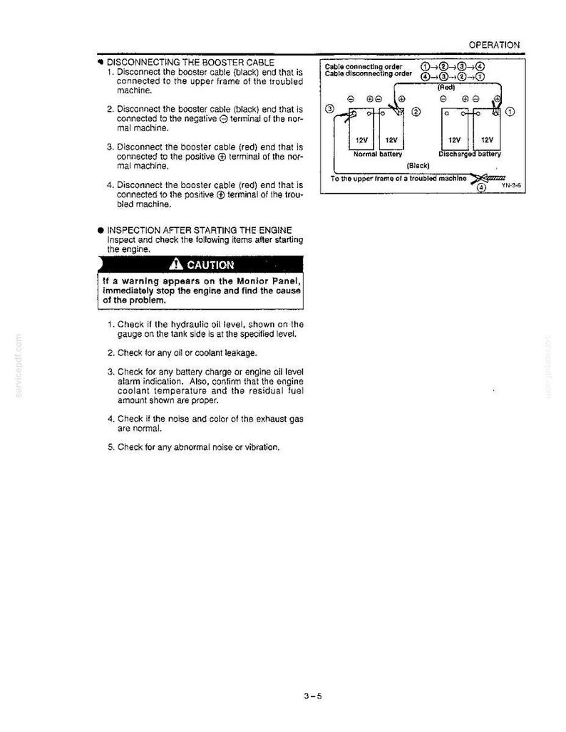 May include: A technical manual page titled OPERATION detailing the procedure for DISCONNECTING THE BOOSTER CABLE. It includes a diagram showing 12V battery connections, a caution box regarding the Monitor Panel, and a numbered list of inspection steps.