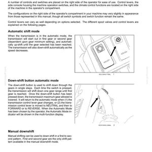 Może przedstawiać: Strona z instrukcji technicznej zatytułowana 3-CONTROLS/INSTRUMENTS, RIGHT-HAND SIDE CONTROLS, Overview [62107694]. Zawiera tekst wyjaśniający tryb automatycznej zmiany bieg&oacute;w, przycisk redukcji biegu oraz ręczną redukcję, z dwoma rysunkami.