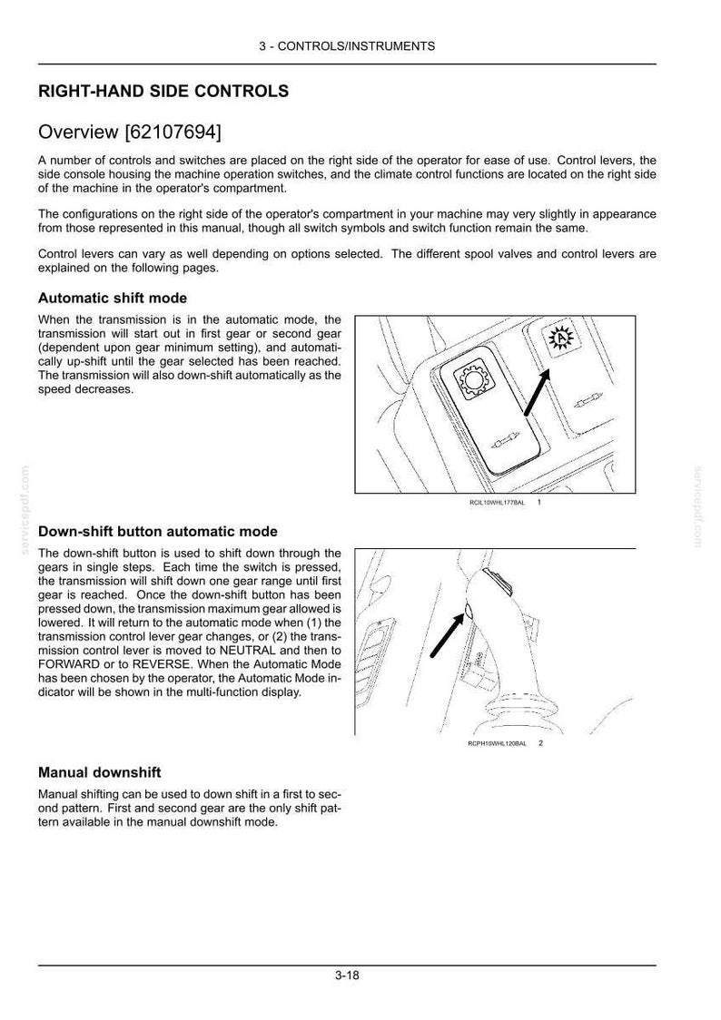 Może przedstawiać: Strona z instrukcji technicznej zatytułowana 3-CONTROLS/INSTRUMENTS, RIGHT-HAND SIDE CONTROLS, Overview [62107694]. Zawiera tekst wyjaśniający tryb automatycznej zmiany bieg&oacute;w, przycisk redukcji biegu oraz ręczną redukcję, z dwoma rysunkami.