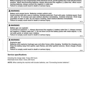 May include: A technical manual page titled 6-MAINTENANCE, focusing on battery safety warnings. It includes instructions on disconnecting negative cables, handling sulfuric acid, preventing battery gas explosions, and service specifications for charge checks.