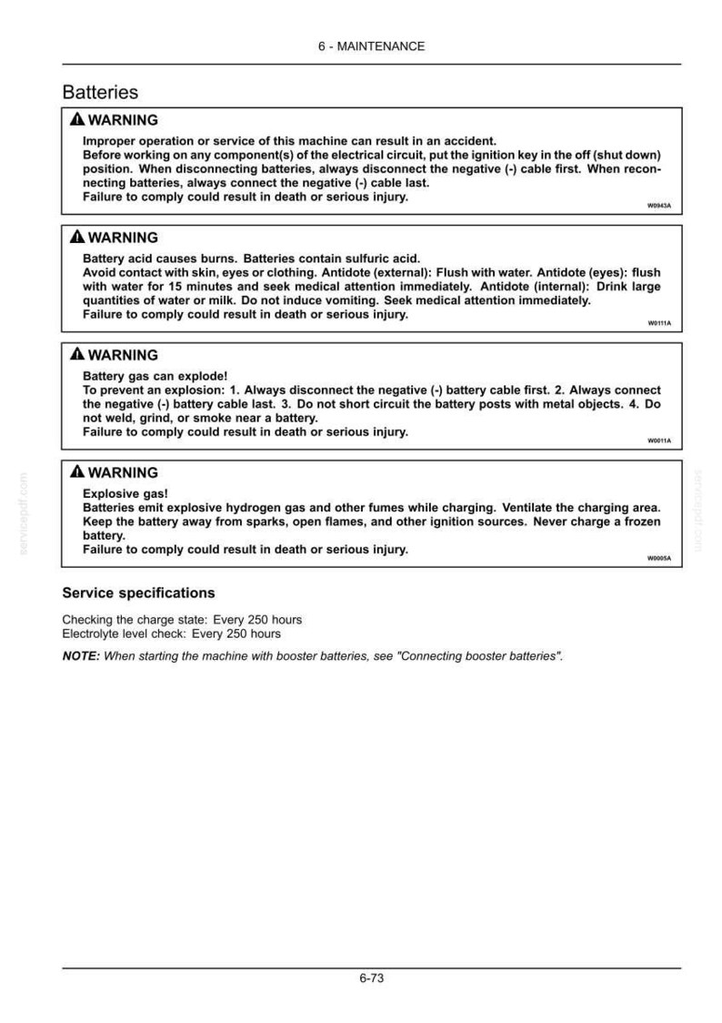 May include: A technical manual page titled 6-MAINTENANCE, focusing on battery safety warnings. It includes instructions on disconnecting negative cables, handling sulfuric acid, preventing battery gas explosions, and service specifications for charge checks.