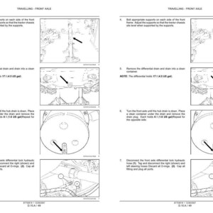 May include: A technical manual page titled TRAVELLING - FRONT AXLE, featuring black and white line drawings and instructions for tractor maintenance. It details steps for supporting the frame, draining the differential, and disconnecting hydraulic hoses.