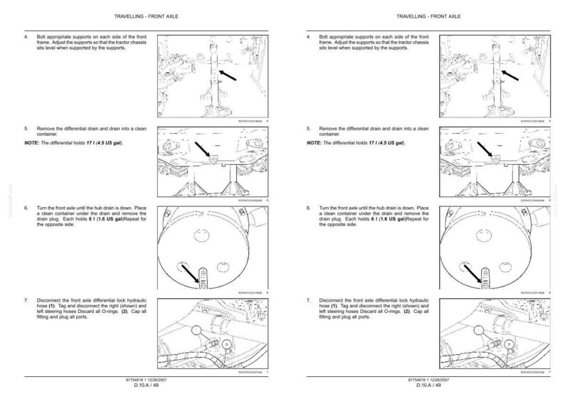 May include: A technical manual page titled TRAVELLING - FRONT AXLE, featuring black and white line drawings and instructions for tractor maintenance. It details steps for supporting the frame, draining the differential, and disconnecting hydraulic hoses.